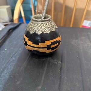 Handcrafted Black and Gold Gourd teacup from Argentina